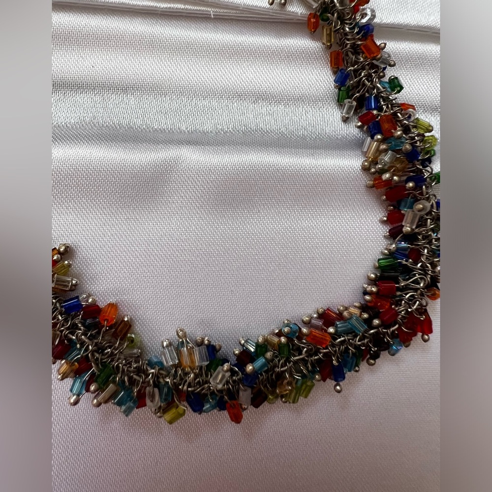 Rainbow necklace "hundreds" of tiny glass beads, silver plated, vintage